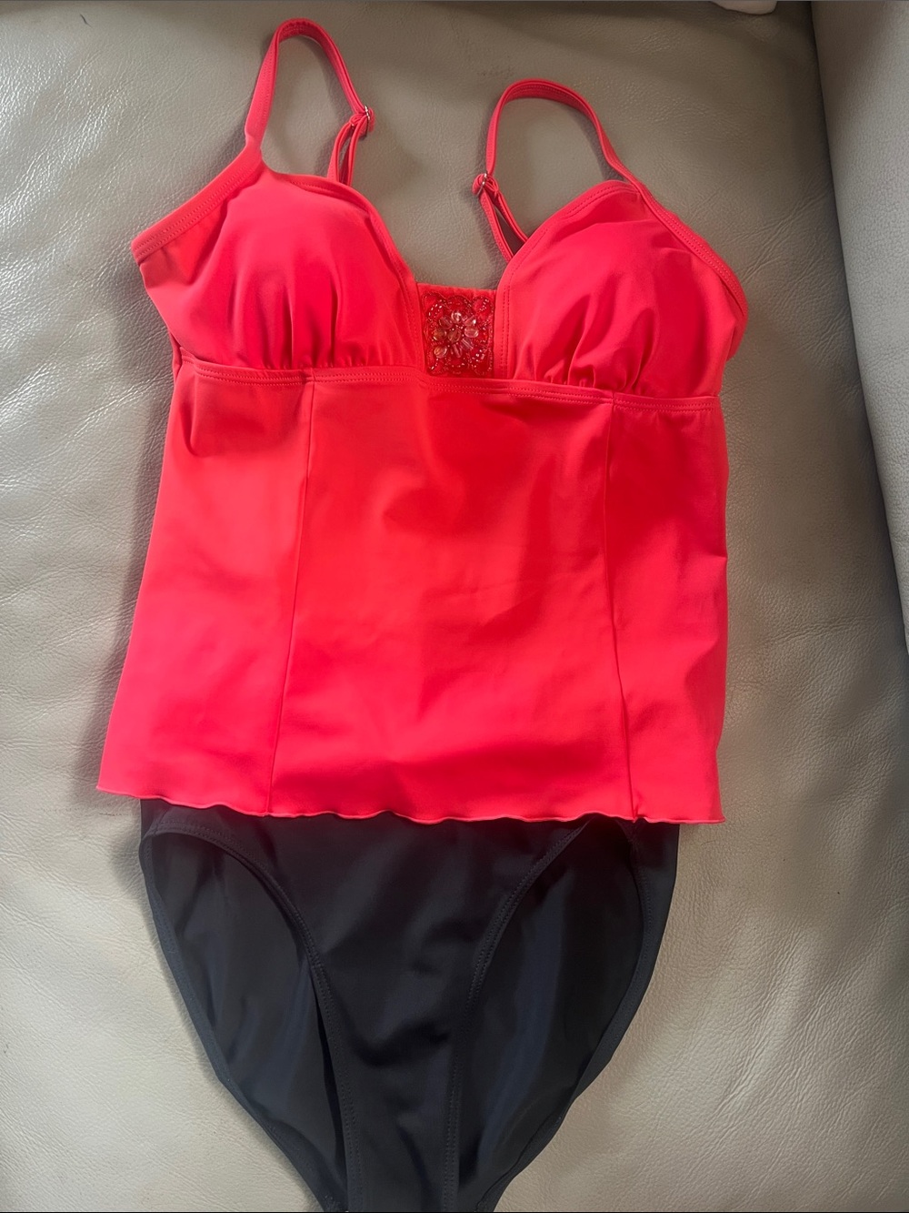 Bright Apricot Tankini Top with Black Briefs Swim Set
